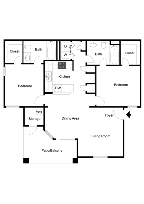 Floor plan for 2 beds, 2 baths, 1068 sqft